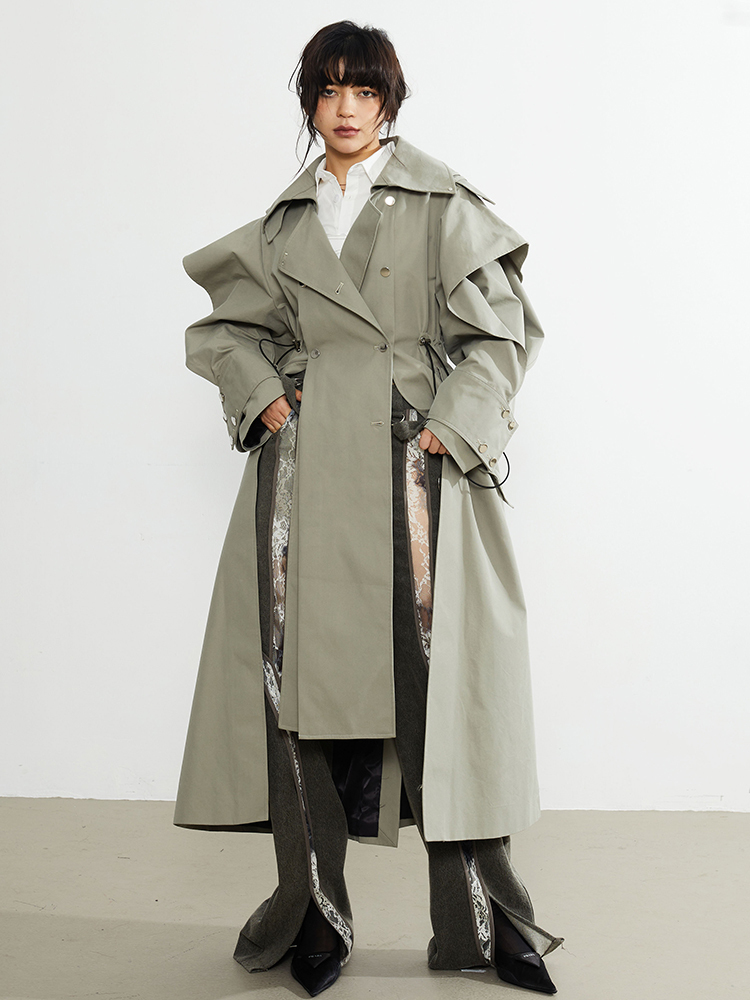 Women s Suits Blazers EAM Women Green Cross Ways Wear Big Size Long Trench Lapel Sleeve Windbreaker Fashion Spring Autumn 2023 1DF3033 230822