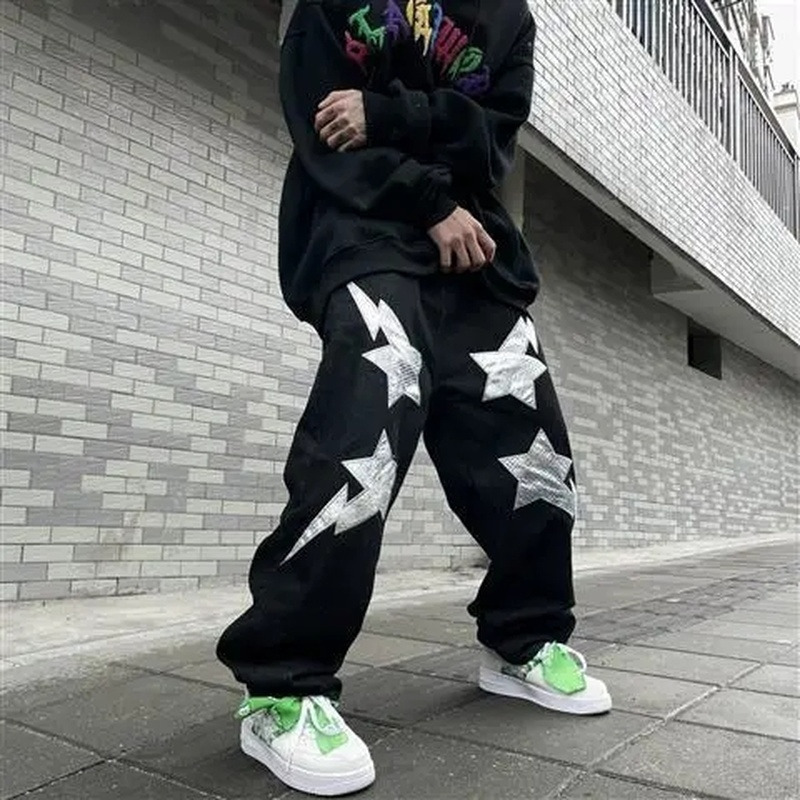 Men s Jeans ins embroidery jeans American street lightning love patch hip hop trousers men y2k 230823