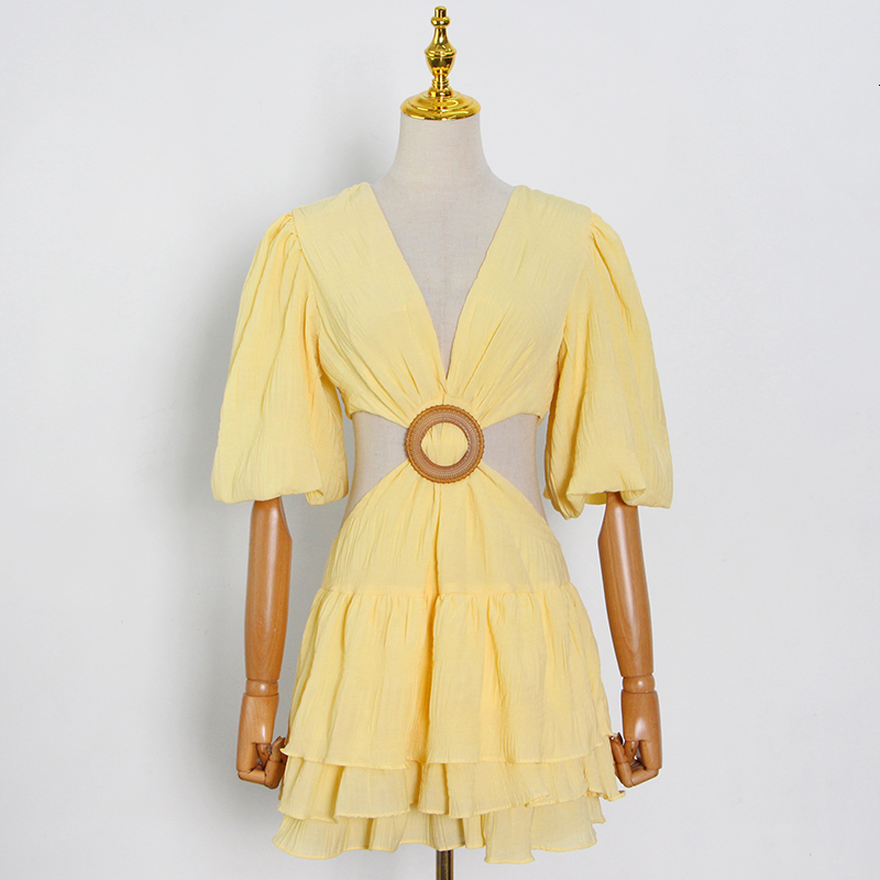 Basic Casual Dresses TWOTWINSTYLE White Sexy Dress For Women V Neck Lantern Half Sleeve Hollow Out High Waist Mini Female Summer Clothing 230822