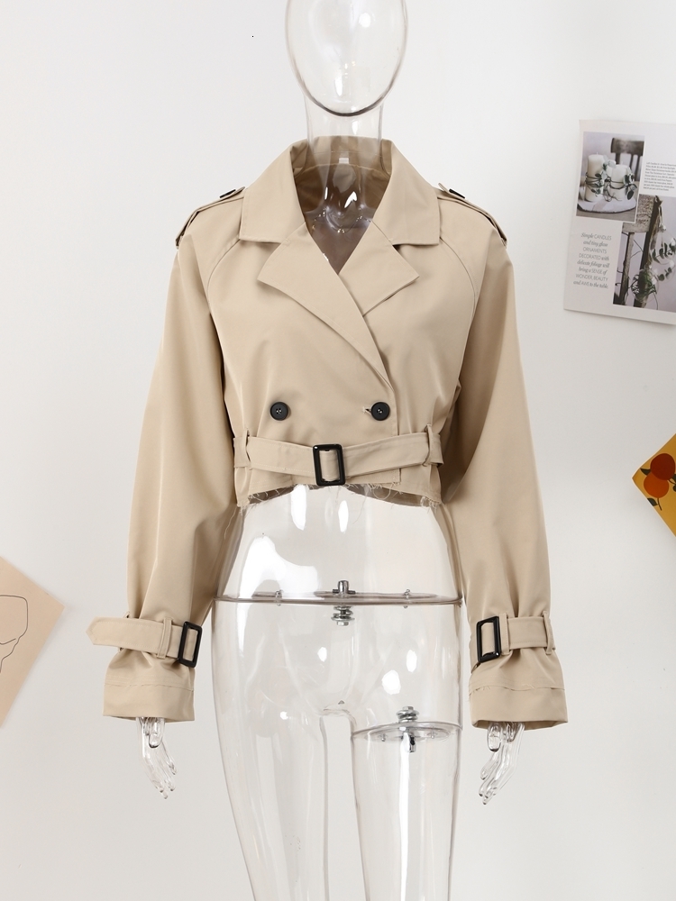 Women's Jacket's Short Jacket Khaki Cropped Trench Coat Lapel Collar Top Long Sleeve Jackets With Belt Female Spring Streetwear 230822