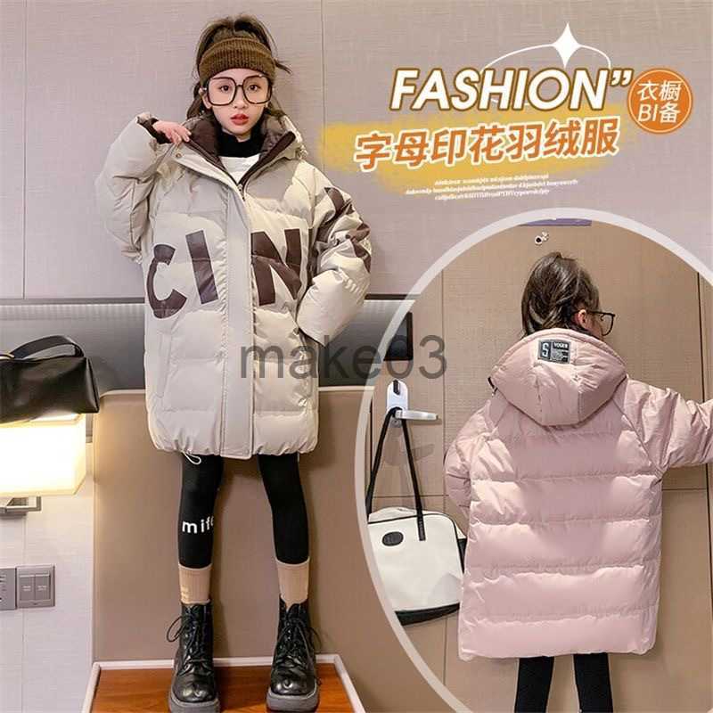 Down Coat 2023 Girls' Winter Cotton Clothing Down Padded Jacket Kids Hooded Letter Design Waterproof Long Coat For Child XMP438 J230823
