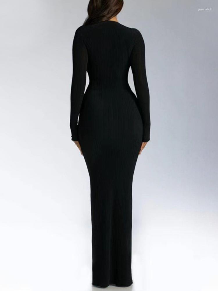 Casual Dresses WeiYao Ribbed Long Sleeve Lace Up V Neck Maxi Dress Bodycon Sexy Y2K Streetwear Party Elegant Birthday Outfits Egirl Clothes