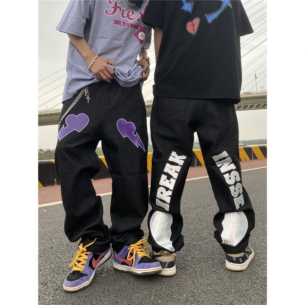 Men s Jeans ins embroidery jeans American street lightning love patch hip hop trousers men y2k 230823