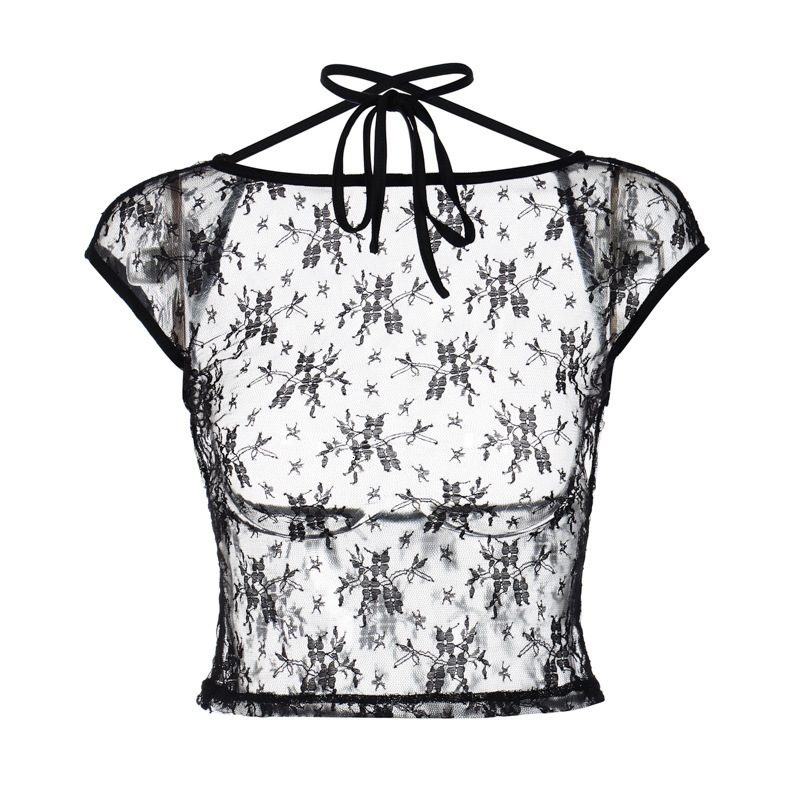 Women s T Shirt 124 Lace Halter Crop Top Black Backless See Through Y2K Sexy T Shirt Women Slim Tees 2023 Summer 230822