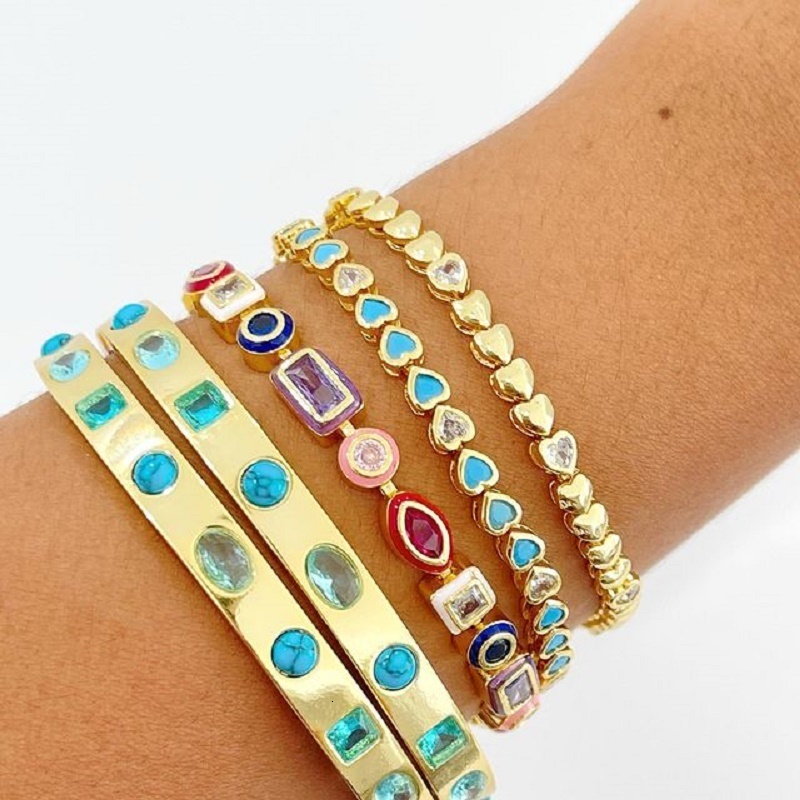 Charm Bracelets Gold Color 2023 Summer Fashion Colorful Jewelry 5A Cubic Zirconia CZ Enamel Geometric Tennis Chain Bracelet 230822