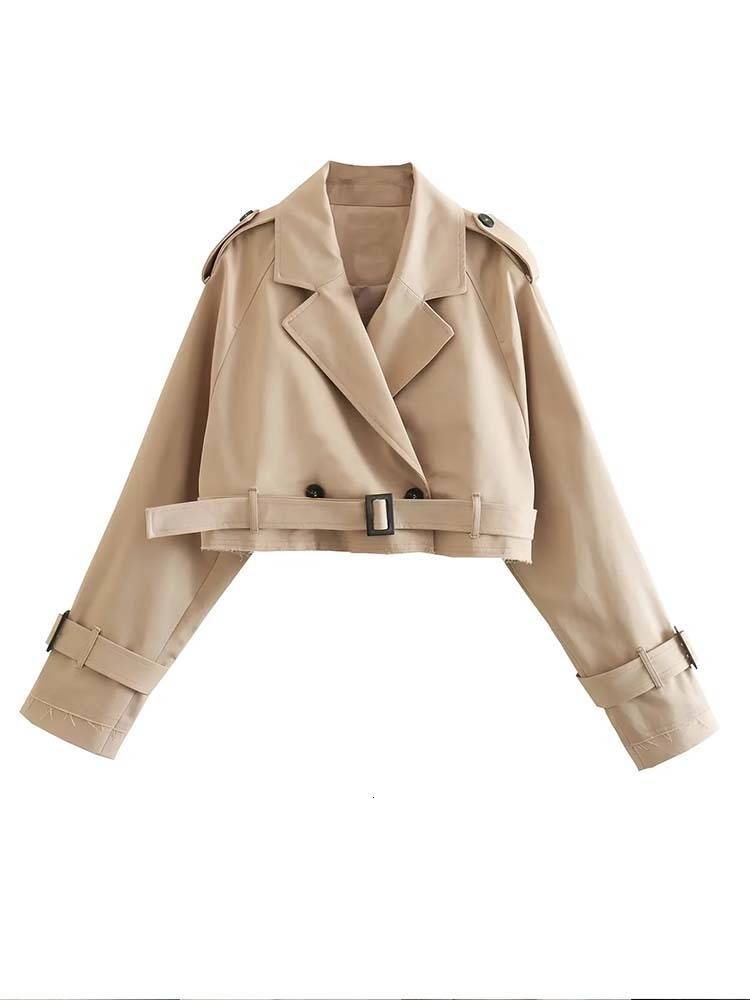 Women's Jackets TRAF Women Coats Fashion With Belt Spring Crop Coat Vintage Long Sleeve Casual Street Female Outerwear Chic Tops 230822