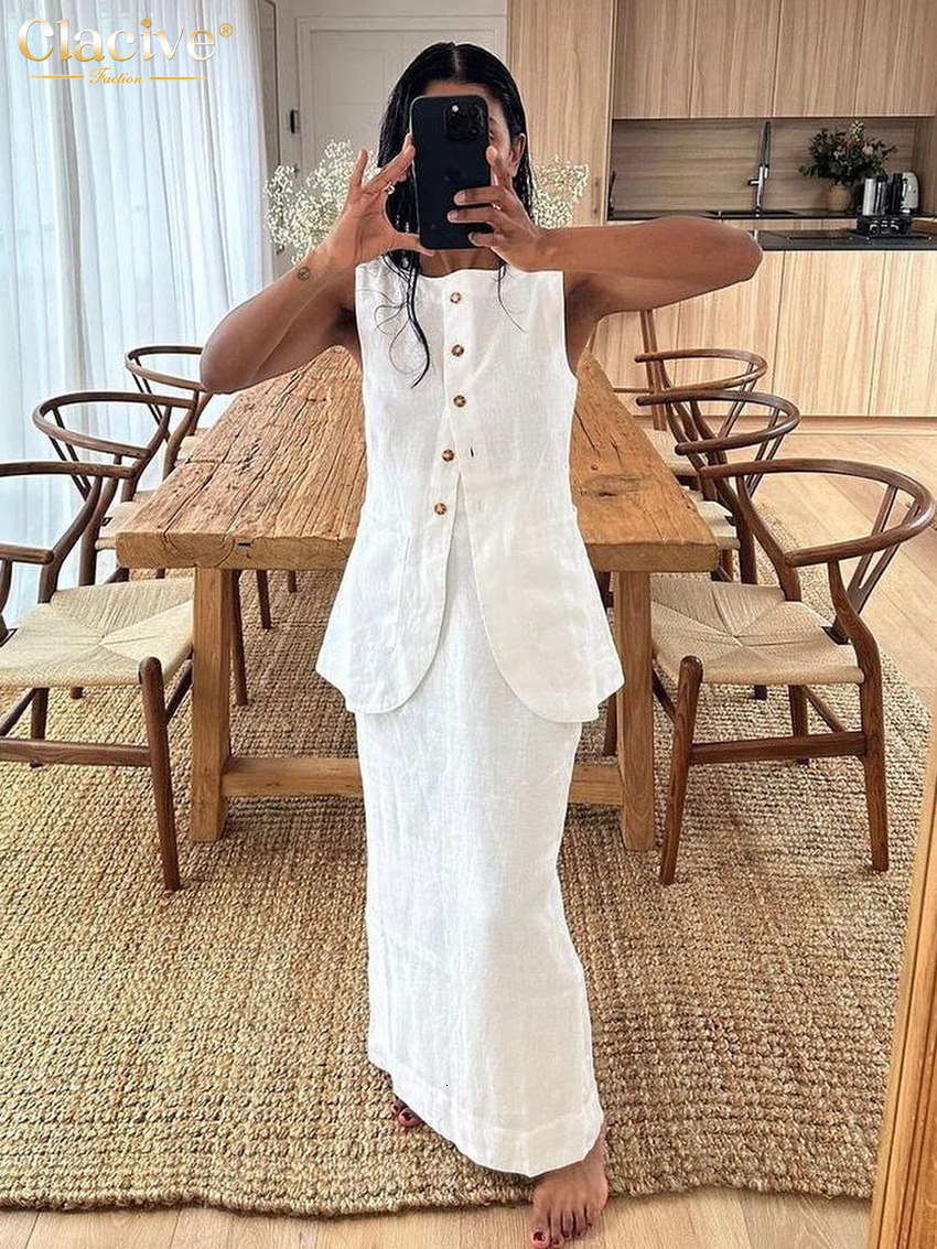 Two Piece Dress Clacive Summer Slim White Cotton Set Women Outfit 2023 Elegant Sleeveless Tops With High Waist Long Skirts Sets Female 230823