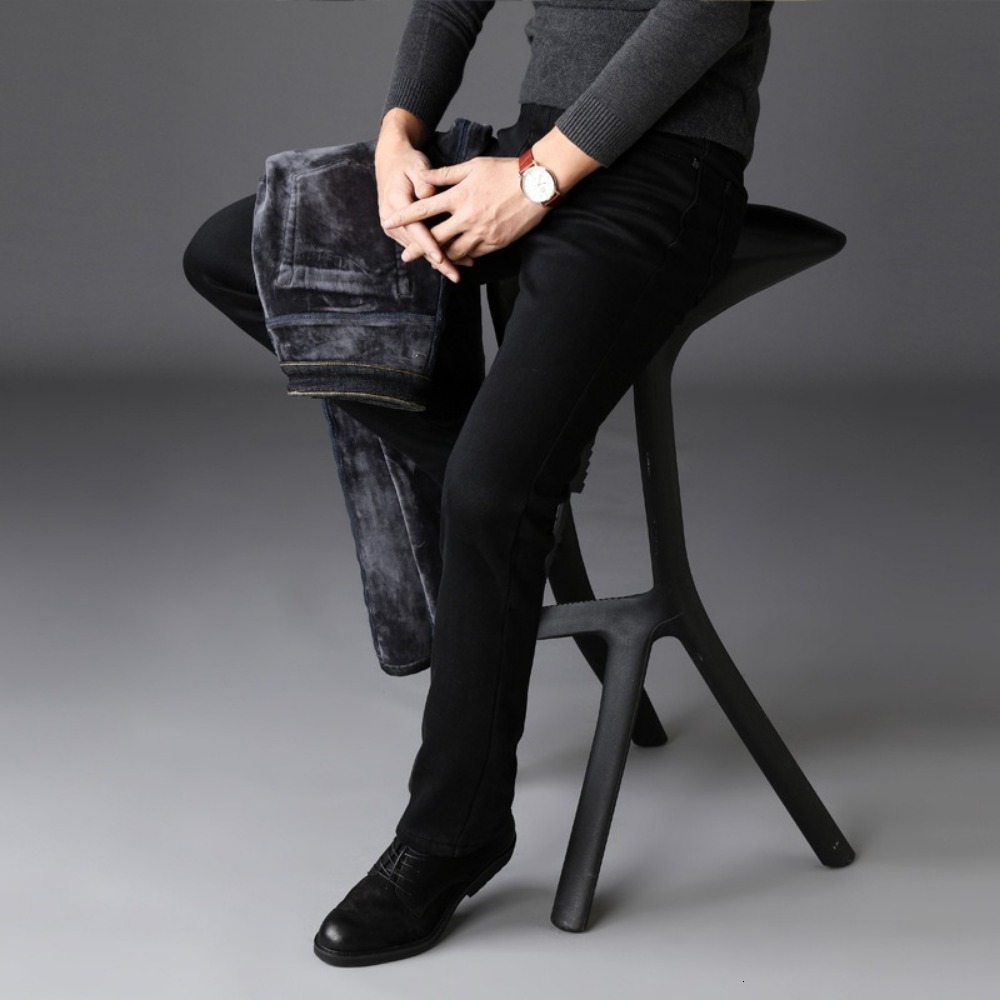 Men s Jeans Warm Velvet Winter High quality Pants Men Elastic Slim Fit Black Business Fashion Thick Style 2023 230823