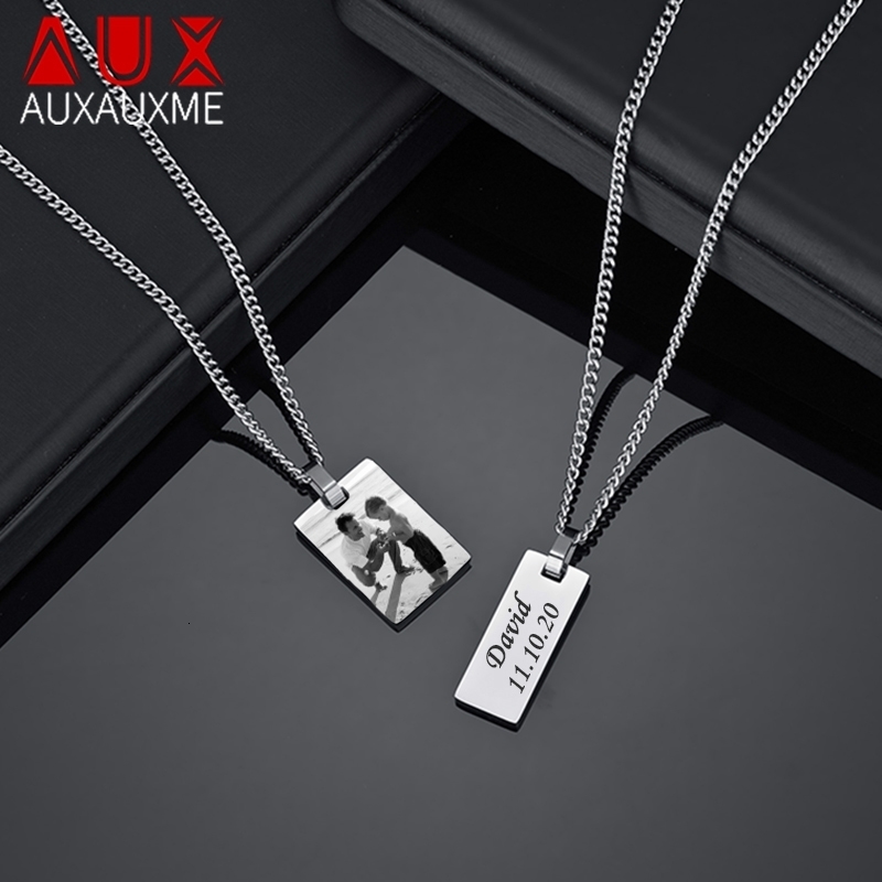 Strands Strings Auxauxme Custom P o Name Rectangle Pendant Necklace Stainless Steel Laser Engraved Text l Jewelry Gifts Drop 230822