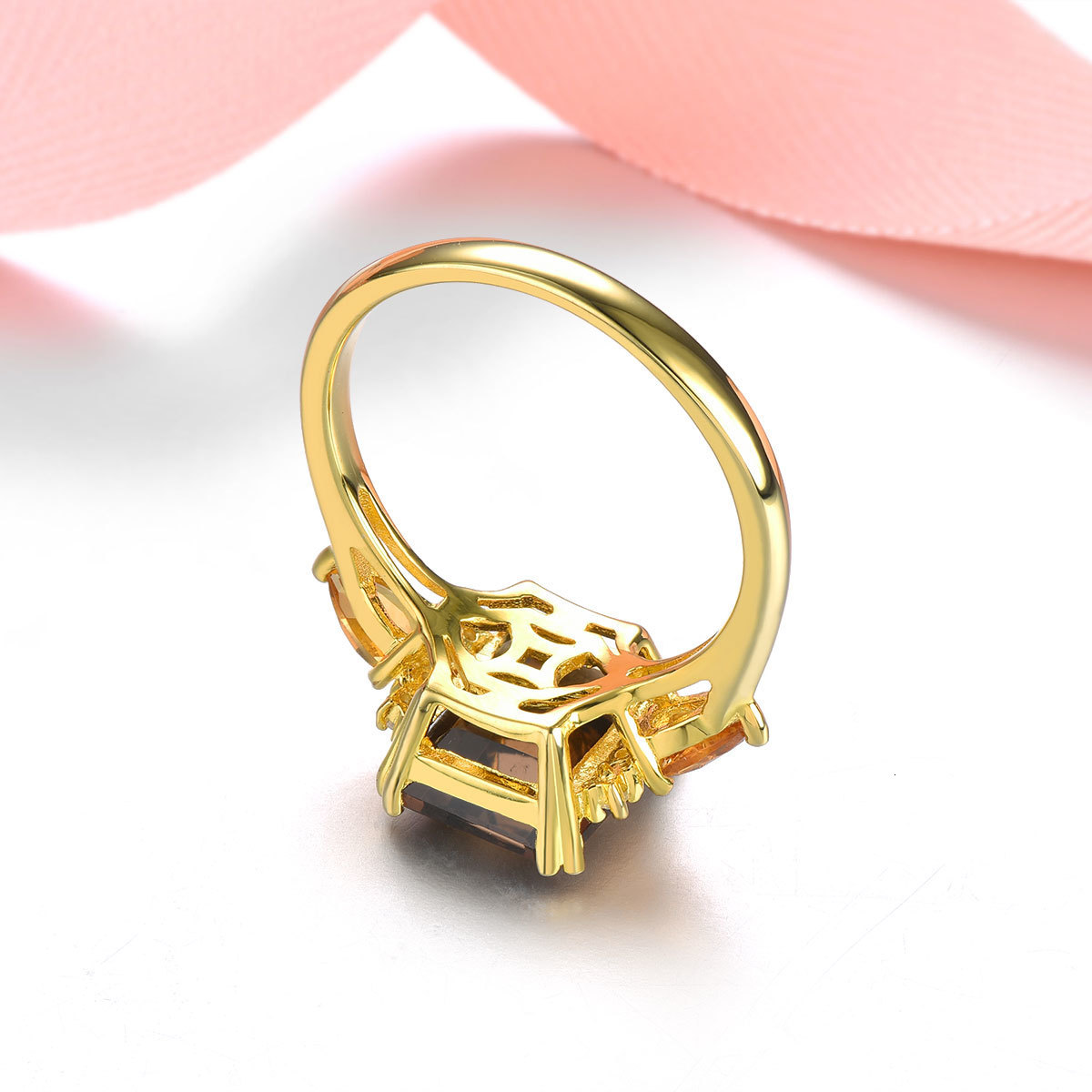 Wedding Rings Natural Smoky Quarts Silver Yellow Gold Plated 3 6 Carats Genuine Citrine Women s Classic Style S925 Fine Jewelry 230822