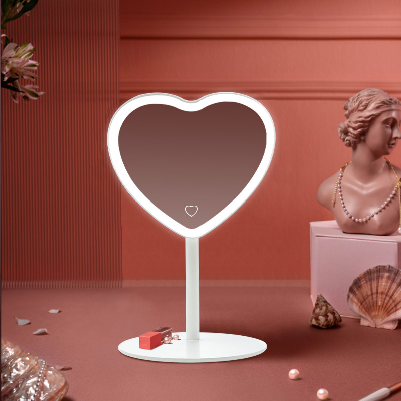 Compact Mirrors Desktop Led Heart Shape Vanity Mirror Adjustable Three-color Light Cosmetic Rechargeable Makeup Mirrors 230823