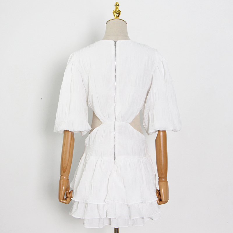 Basic Casual Dresses TWOTWINSTYLE White Sexy Dress For Women V Neck Lantern Half Sleeve Hollow Out High Waist Mini Female Summer Clothing 230822