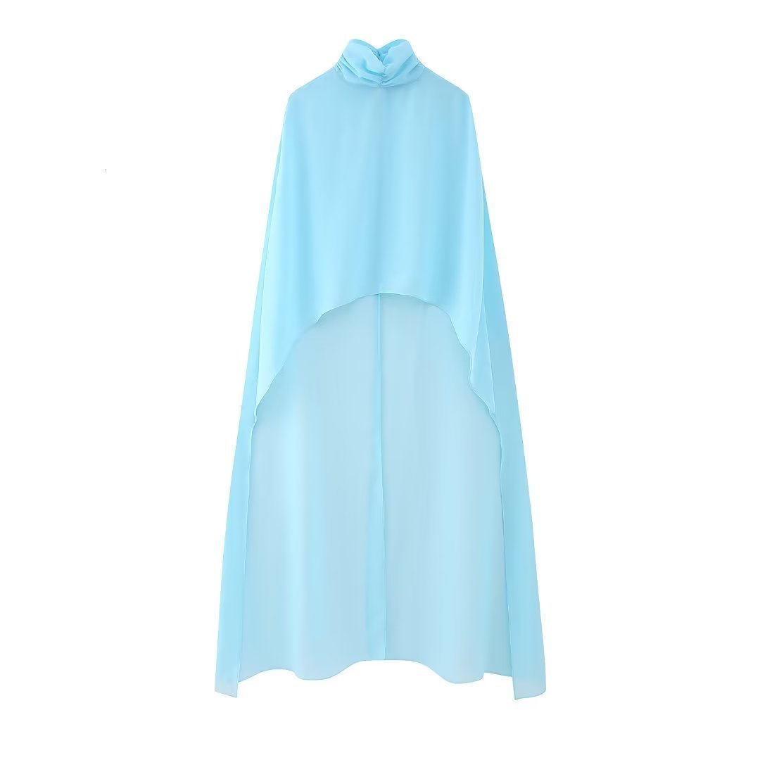 Women's Jackets Asymmetric Chiffon Cape Women Fashion High Neck Semisheer Chic Lady Street Summer Top Female 2023 230822