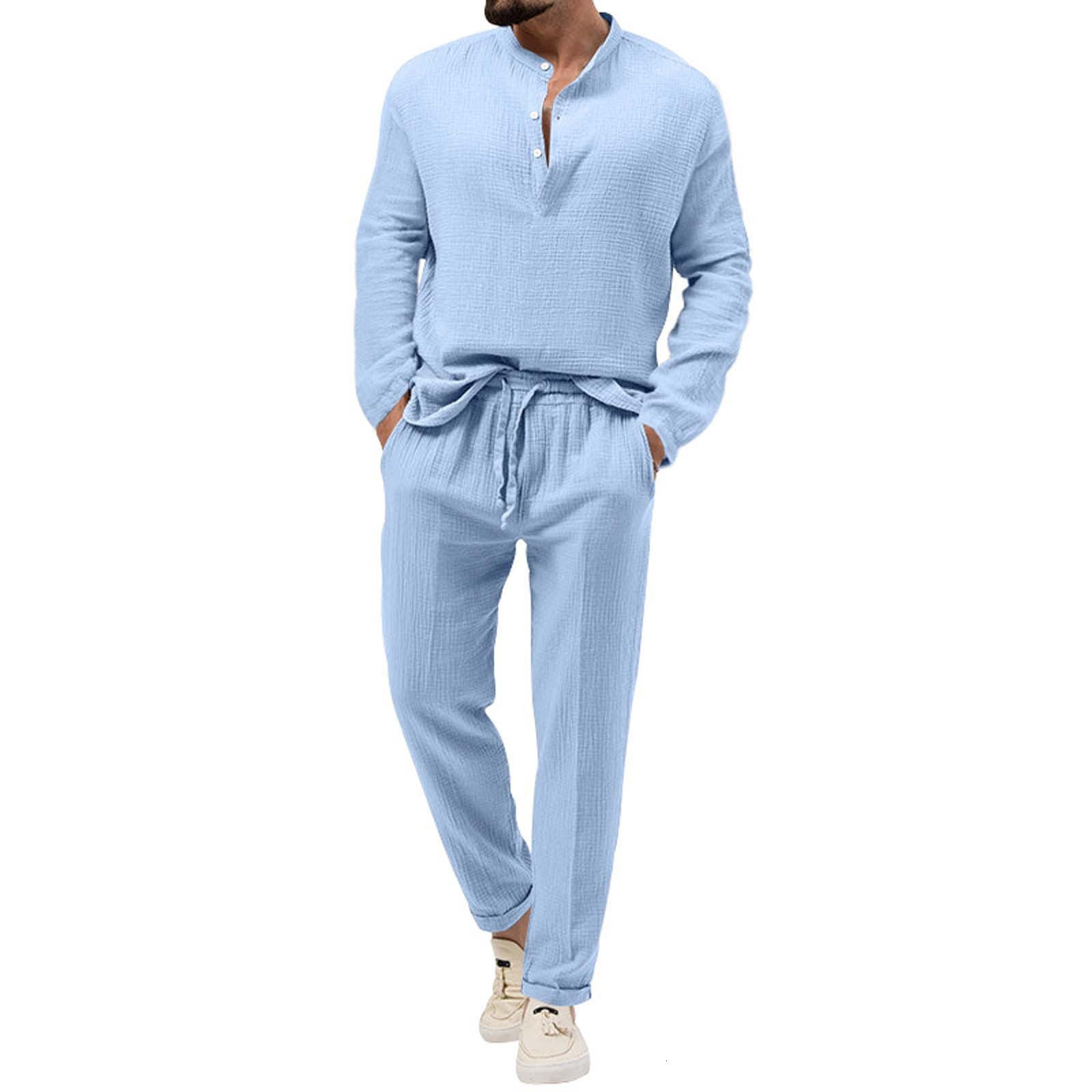 Men's Tracksuits Fall Breathable Wrinkle Two Piece Suit Roll Sleeve Shirt Pants Tuxedo Costume Pin Stripped for Men 230822