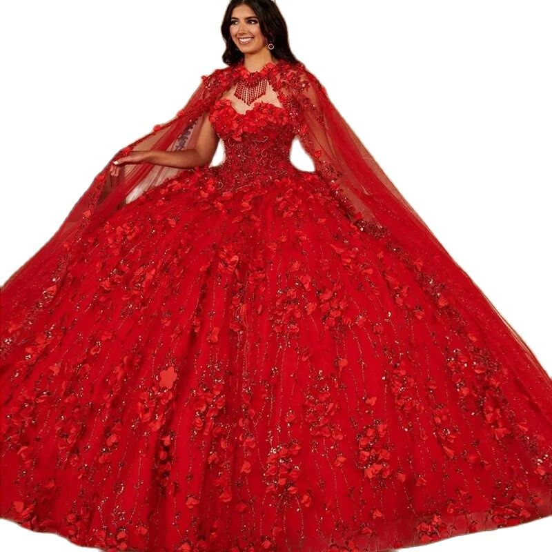 Shiny Red Quinceanera Dresses With Shawl 3D Flower Appliques 15 Anos Sweetheart Ball Gown Junior Girls Birthday Party