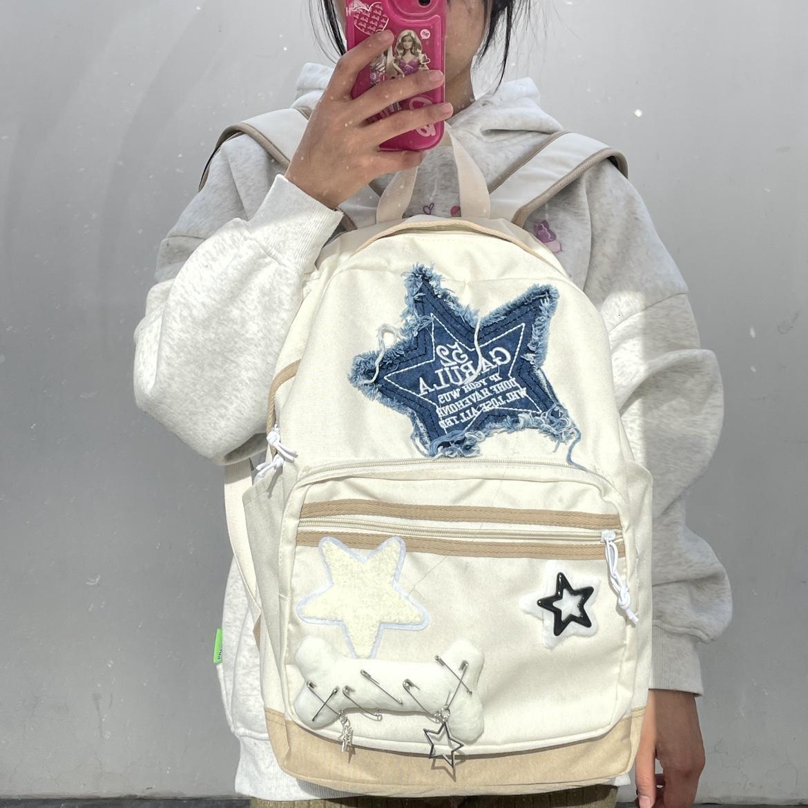 Backpacks Korean Vintage Fashion Letter Star Patchwork Backpacks Y2k Aesthetic Contrast Color All Match Backpack Sweet Denim Schoolbag 230823
