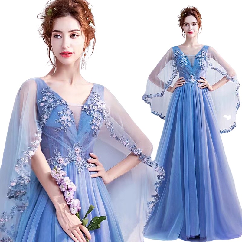 Elegant Blue Dress Mermaid Mother Of The Bride Beaded 3D Floral Appliqued Lace Short Sleeves Floor Length Custom Made Wedding Guest Dresses In Summer 
