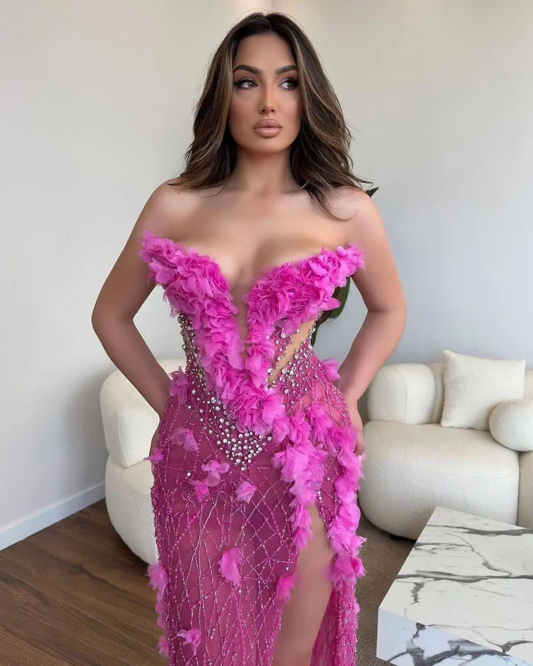 2023 August Aso Ebi Fuchsia Mermaid Prom Dress Crystals High Split Evening Formal Party Second Reception Birthday Engagement Gowns Dresses Robe De Soi