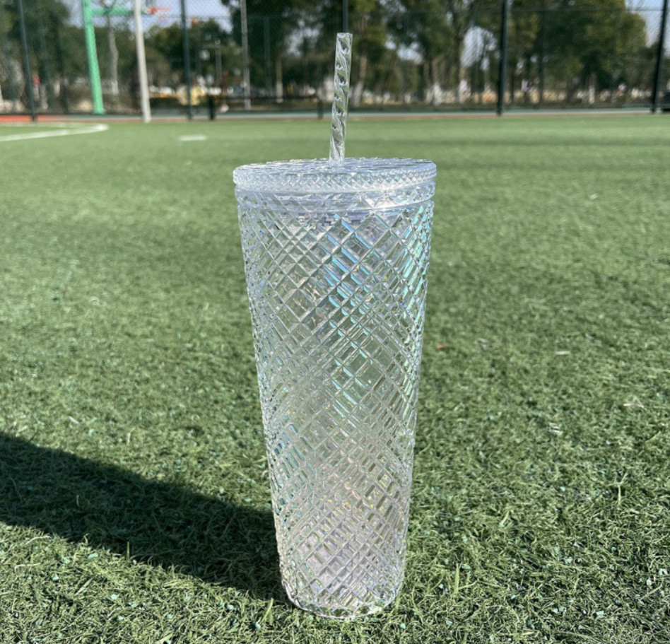 The latest 24oz rhombus transparent color double -layer plastic straw coffee mug Cup, many style choices, support customization of any logo