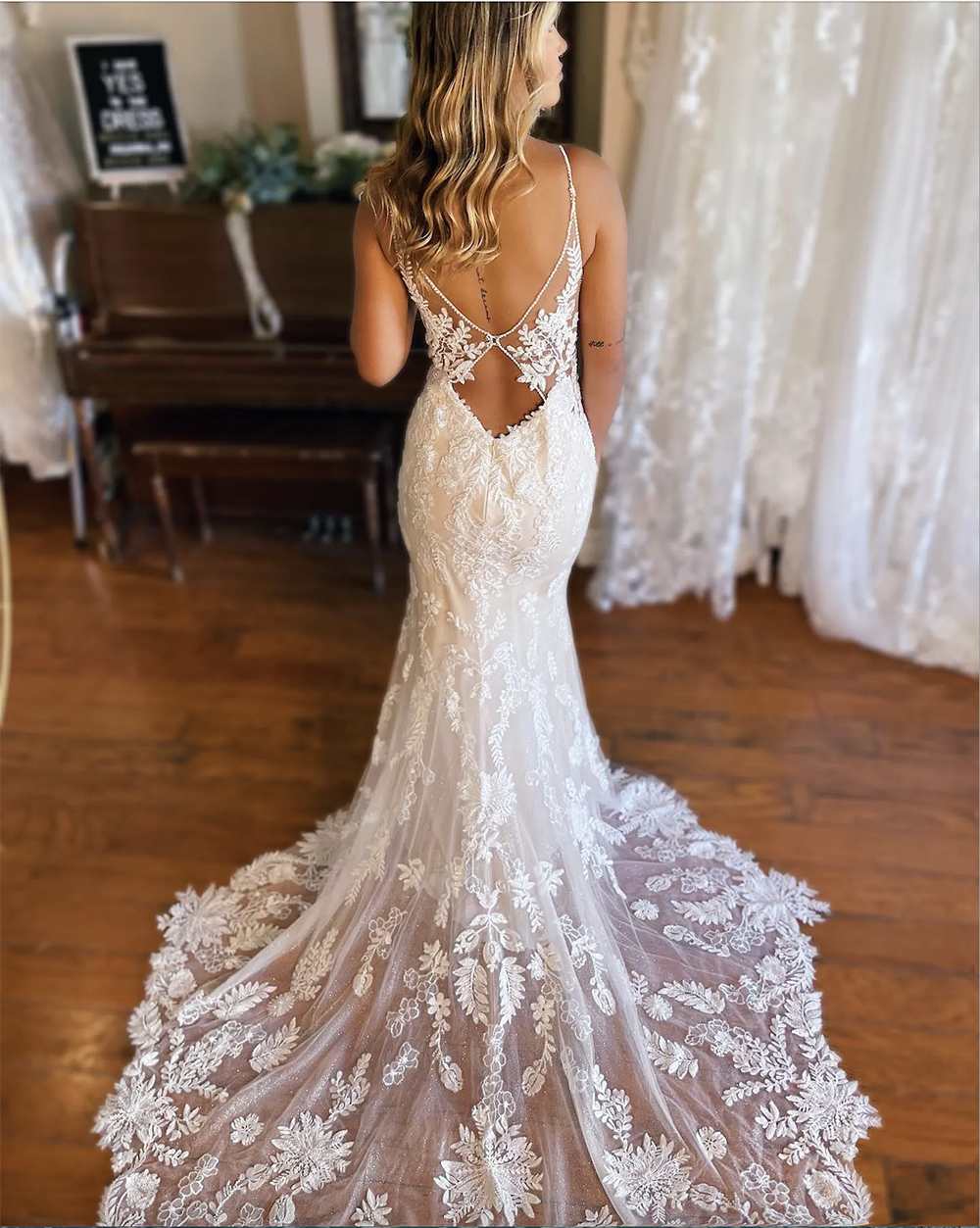 Lace Mermaid Wedding Dress , Sexy Backless Spaghetti Straps, Custom Made Boho Bridal Gown, Tulle, Sweep Train