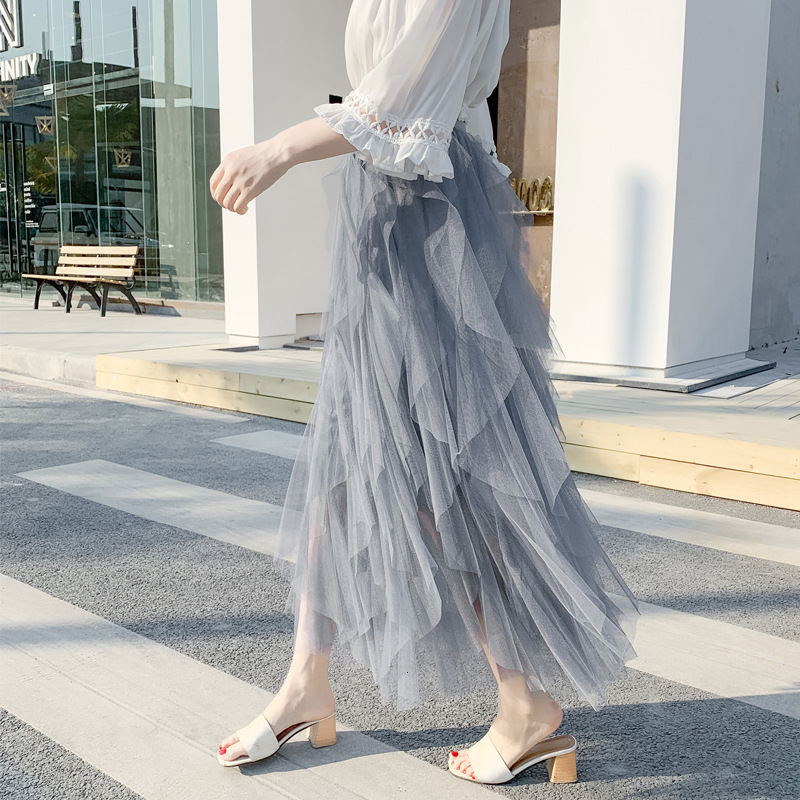 Skirts Qooth Women Tulle Cake Mesh Skirt Elegant Elastic Waist Fairy Long Aline Tutu Skirt For Spring Summer QT2138 230823