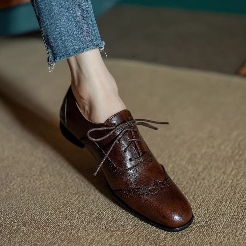 Dress Shoe Basic Brogue Real Leather Comfort Flats Square Toe Woman LaceUp Cowhide Retro Oxfords For New Daily British Style 230823