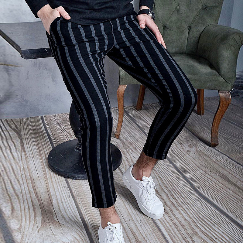 Men s Tracksuits Business Men Office Classic Stripe Print Slim Pants England Style Lacing Up Casual Trousers Streetwear Gentleman Pencil Pant 230823