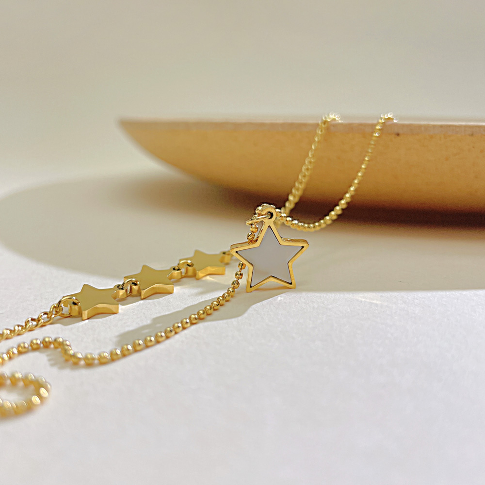 Fashion Simple Pearl Oysters Five-pointed Star Bracelet Stainless Steel Personality Double Layered Chain Anklet 8.5inch +5cm Gold Plated n164