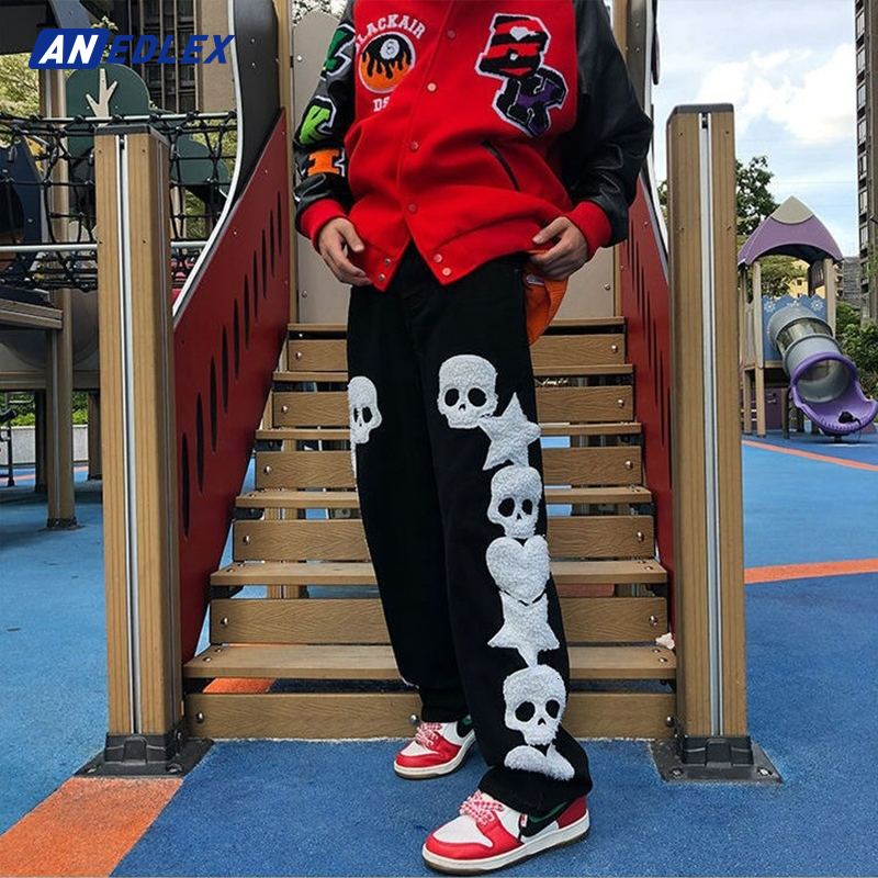 Men s Jeans European American Retro Street Denim Pants Hip Hop Skull Embroidery Oversized Men Women Y2K High All match Trousers 230823