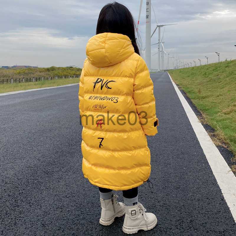 Down Coat 2023 Winter Children Girls Long Down Jacket Graffiti Thick Zipper Hoddie Parka Warm Waterproof Xlong Teenager Girls Snowsuit J230823