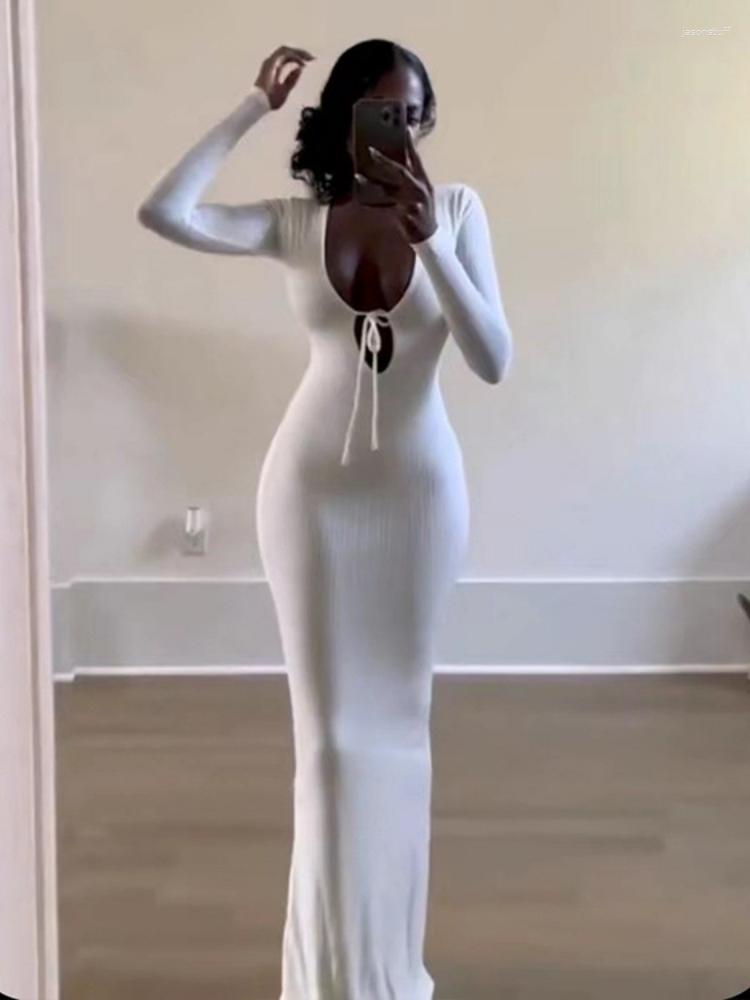 Casual Dresses WeiYao Ribbed Long Sleeve Lace Up V Neck Maxi Dress Bodycon Sexy Y2K Streetwear Party Elegant Birthday Outfits Egirl Clothes