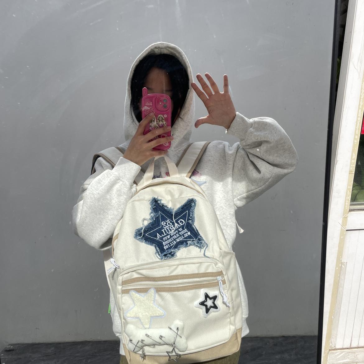 Backpacks Korean Vintage Fashion Letter Star Patchwork Backpacks Y2k Aesthetic Contrast Color All Match Backpack Sweet Denim Schoolbag 230823