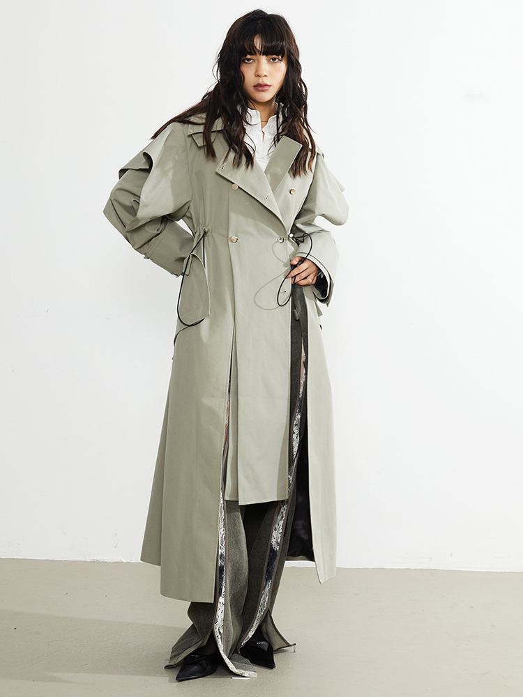 Women s Suits Blazers EAM Women Green Cross Ways Wear Big Size Long Trench Lapel Sleeve Windbreaker Fashion Spring Autumn 2023 1DF3033 230822