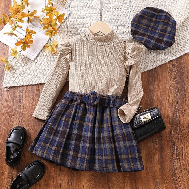 Clothing Sets Spring Girls Clothes Suits Knitted RuffleTop and Plaid Skirts for Kids Autumn 2pcs Children Outfits 230823