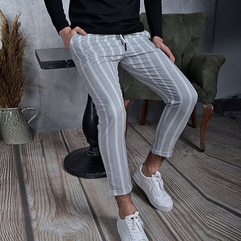 Men s Tracksuits Business Men Office Classic Stripe Print Slim Pants England Style Lacing Up Casual Trousers Streetwear Gentleman Pencil Pant 230823