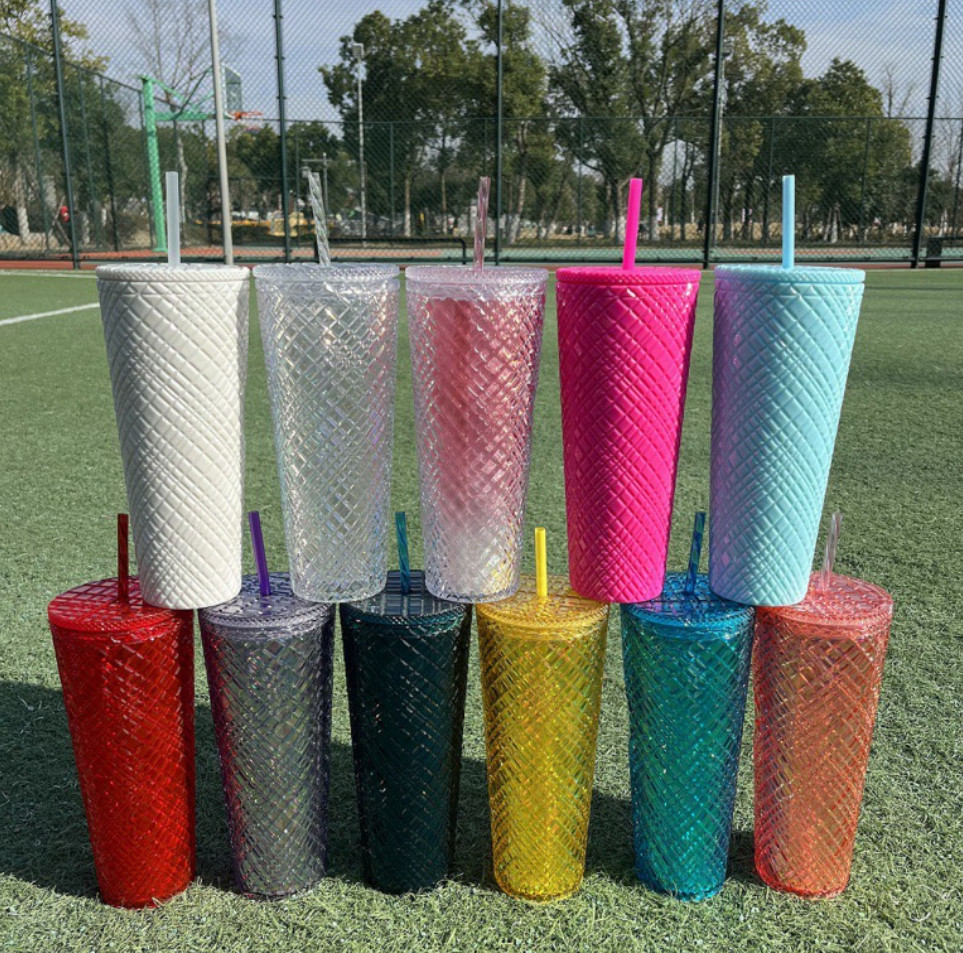 The latest 24oz rhombus transparent color double -layer plastic straw coffee mug Cup, many style choices, support customization of any logo