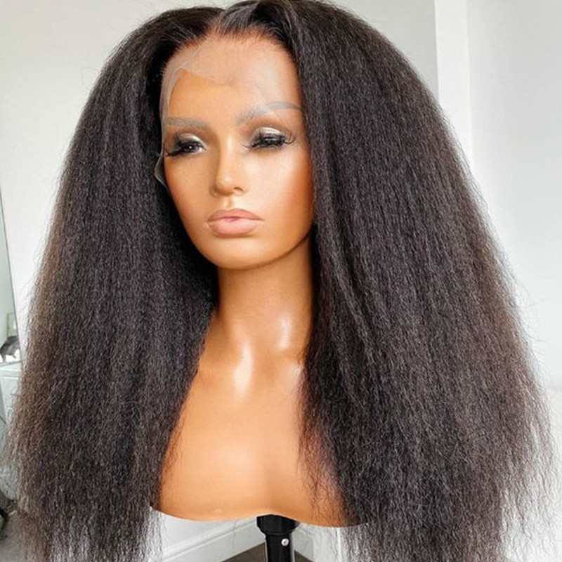 Brazilian Natural Hair Kinky Straight 13x4 HD Lace Frontal Wig Glueless Yaki Synthetic Lace Front Wigs For Women Heat Resistant Preplucked
