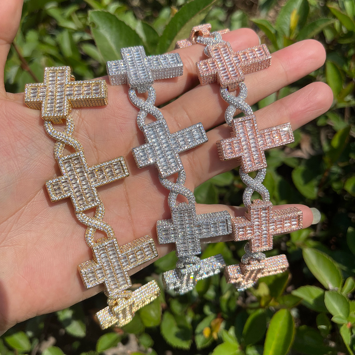 Charm Bracelets Bubble Letter Iced Out Link Bracelet for Men Baguette Cross Real Gold Plated Cubic Zirconia Hip Hop Jewelry 230822