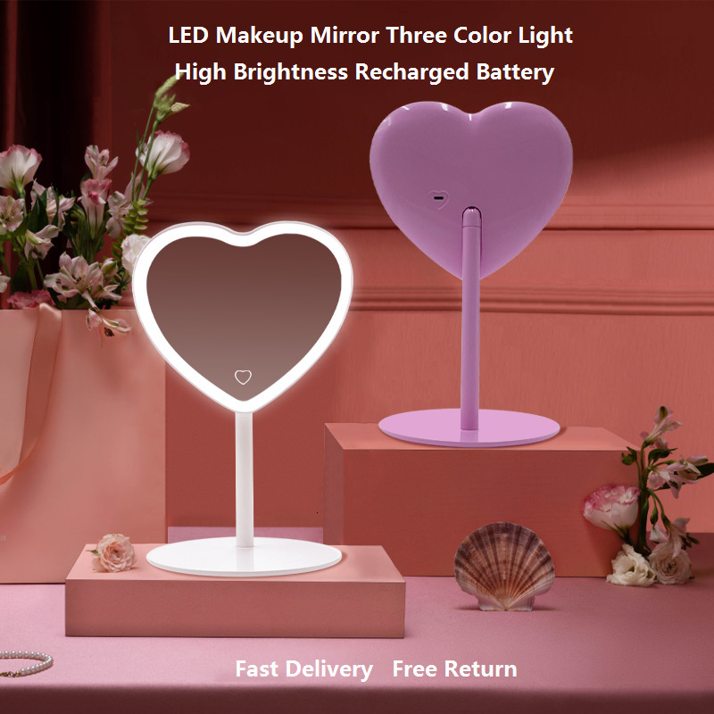 Compact Mirrors Desktop Led Heart Shape Vanity Mirror Adjustable Three-color Light Cosmetic Rechargeable Makeup Mirrors 230823