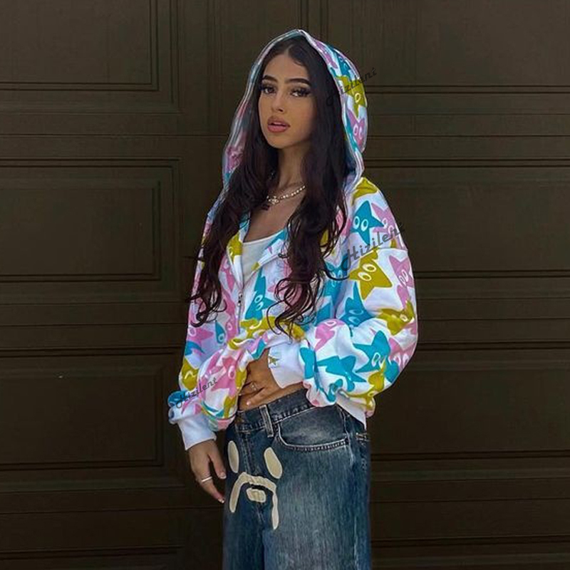 Women's Hoodies Sweatshirts Harajuku Zip-Up Goth Punk Female Jacket Hoodie Hip Hop Oversize Y2K Women Hoodies Autumn Streetwear Star Print White 