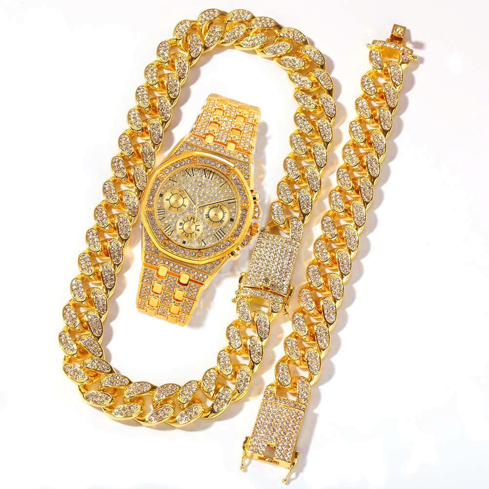 Other Watches Watch Set Necklace Watch Bracelet Hip Hop Miami Cuban Chain Big Gold Color Iced Out Paved s Bling Men Jewelry 230822