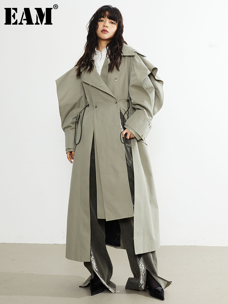 Women s Suits Blazers EAM Women Green Cross Ways Wear Big Size Long Trench Lapel Sleeve Windbreaker Fashion Spring Autumn 2023 1DF3033 230822