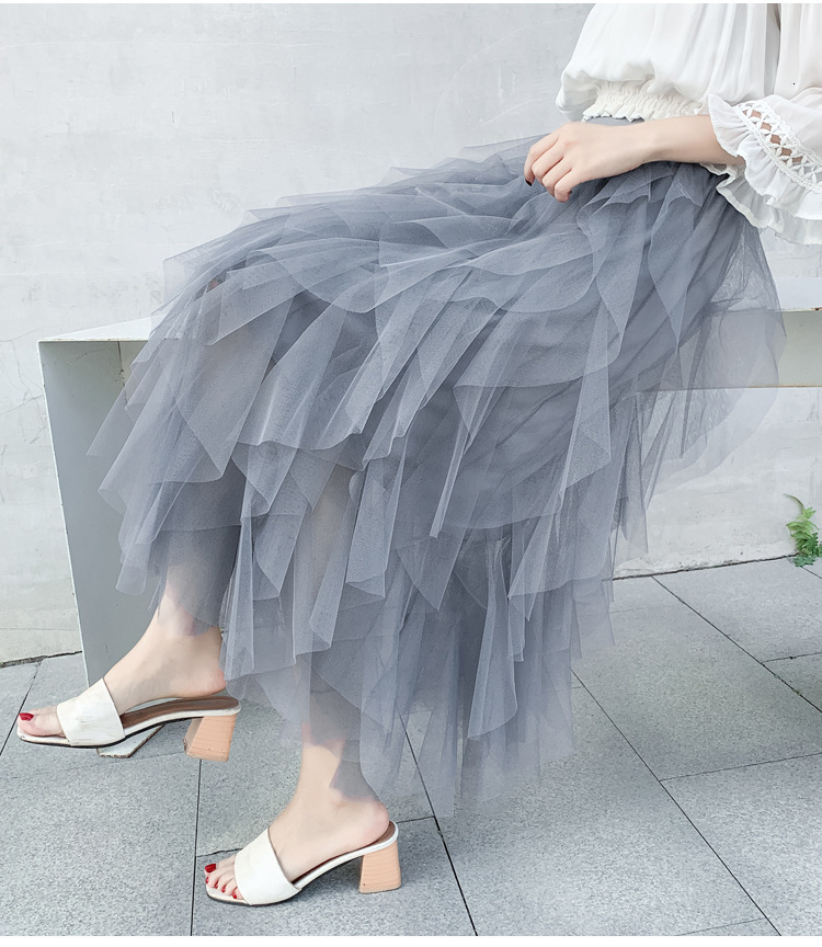 Skirts Qooth Women Tulle Cake Mesh Skirt Elegant Elastic Waist Fairy Long Aline Tutu Skirt For Spring Summer QT2138 230823
