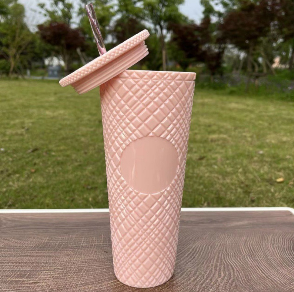 The latest 24oz rhombus transparent color double -layer plastic straw coffee mug Cup, many style choices, support customization of any logo