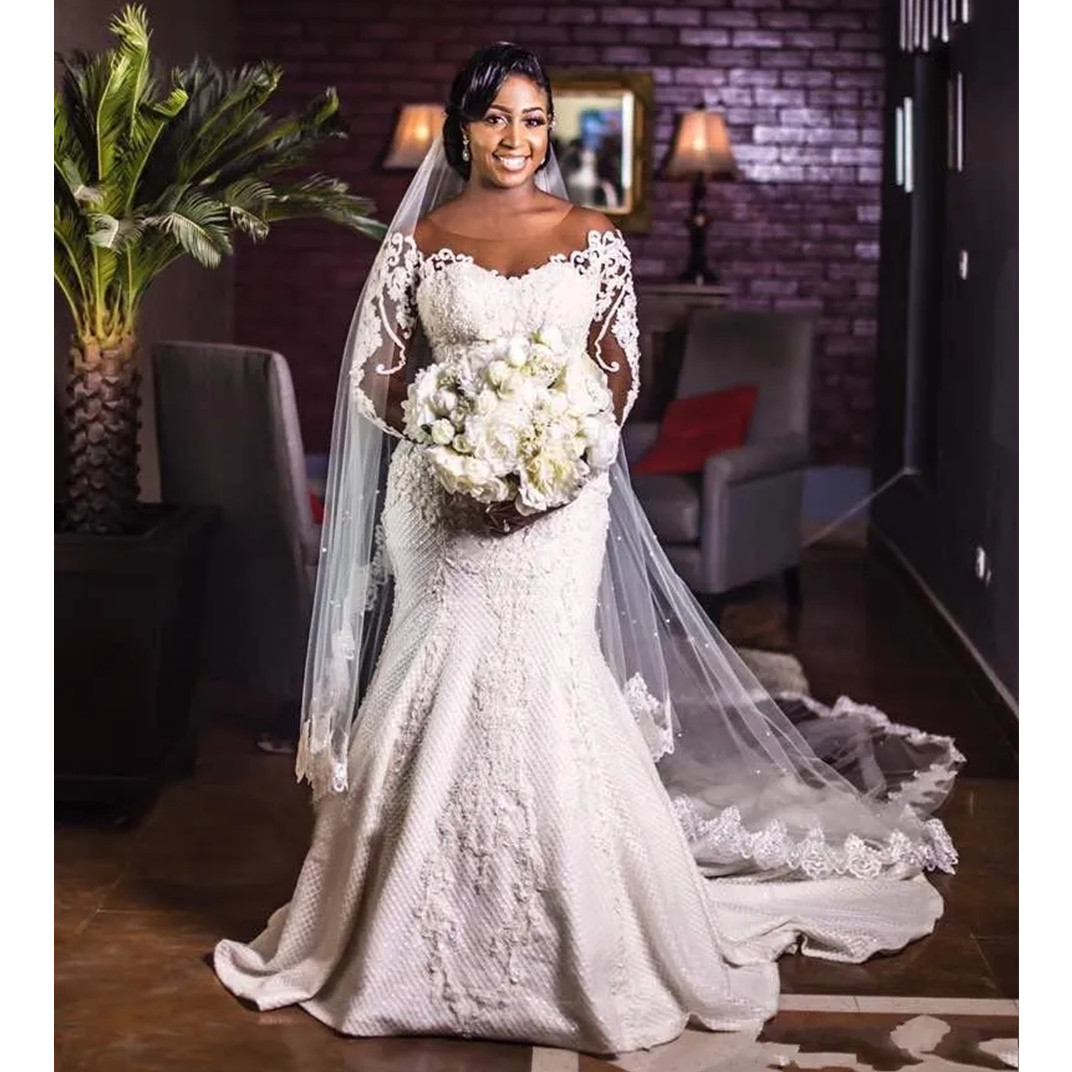 African Vintage Mermaid Dresses Vestido De Noiva Long Sleeve Lace Wedding Gowns Black Girl Women Bride Dress