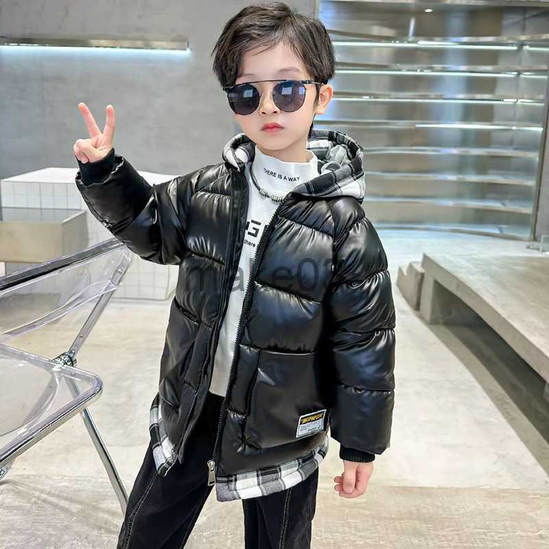 Down Coat Children's Cottonpadded Winter Jacket Boys Thick Black Glossy Coats Kids Plaid Hooded Washfree Top J230823