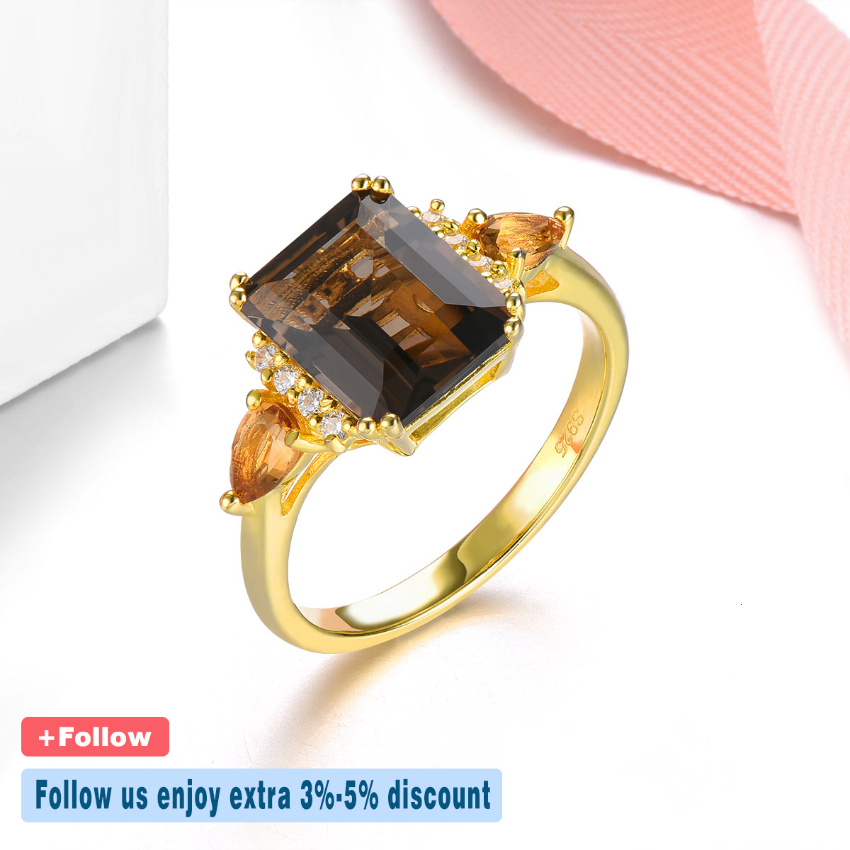 Wedding Rings Natural Smoky Quarts Silver Yellow Gold Plated 3 6 Carats Genuine Citrine Women s Classic Style S925 Fine Jewelry 230822