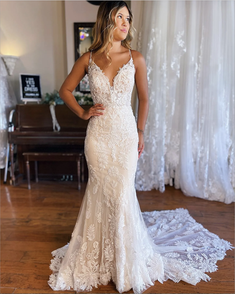 Lace Mermaid Wedding Dress , Sexy Backless Spaghetti Straps, Custom Made Boho Bridal Gown, Tulle, Sweep Train
