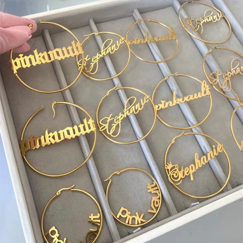 Hoop Huggie DOREMI 304 Stainless Steel Letter Earrings Round Custom Name Female Nameplate Anti allergy 25 100mm 230822