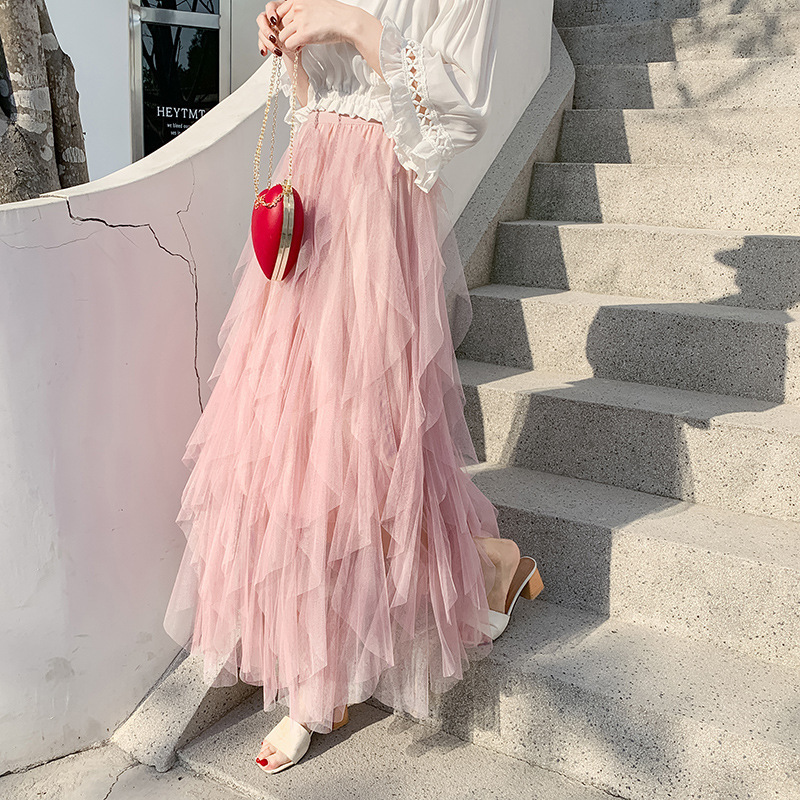 Skirts Qooth Women Tulle Cake Mesh Skirt Elegant Elastic Waist Fairy Long Aline Tutu Skirt For Spring Summer QT2138 230823